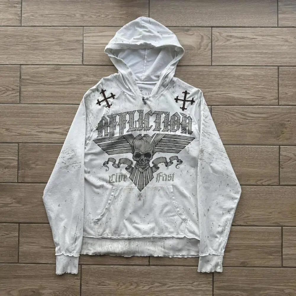 Y2K Affliction Distressed Skull Cross White Hoodie - Picture 1 of 8